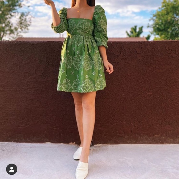 ZARA NWT Green Floral Embroidered Cutout Bardot Dress Puff Sleeves - Picture 8 of 12